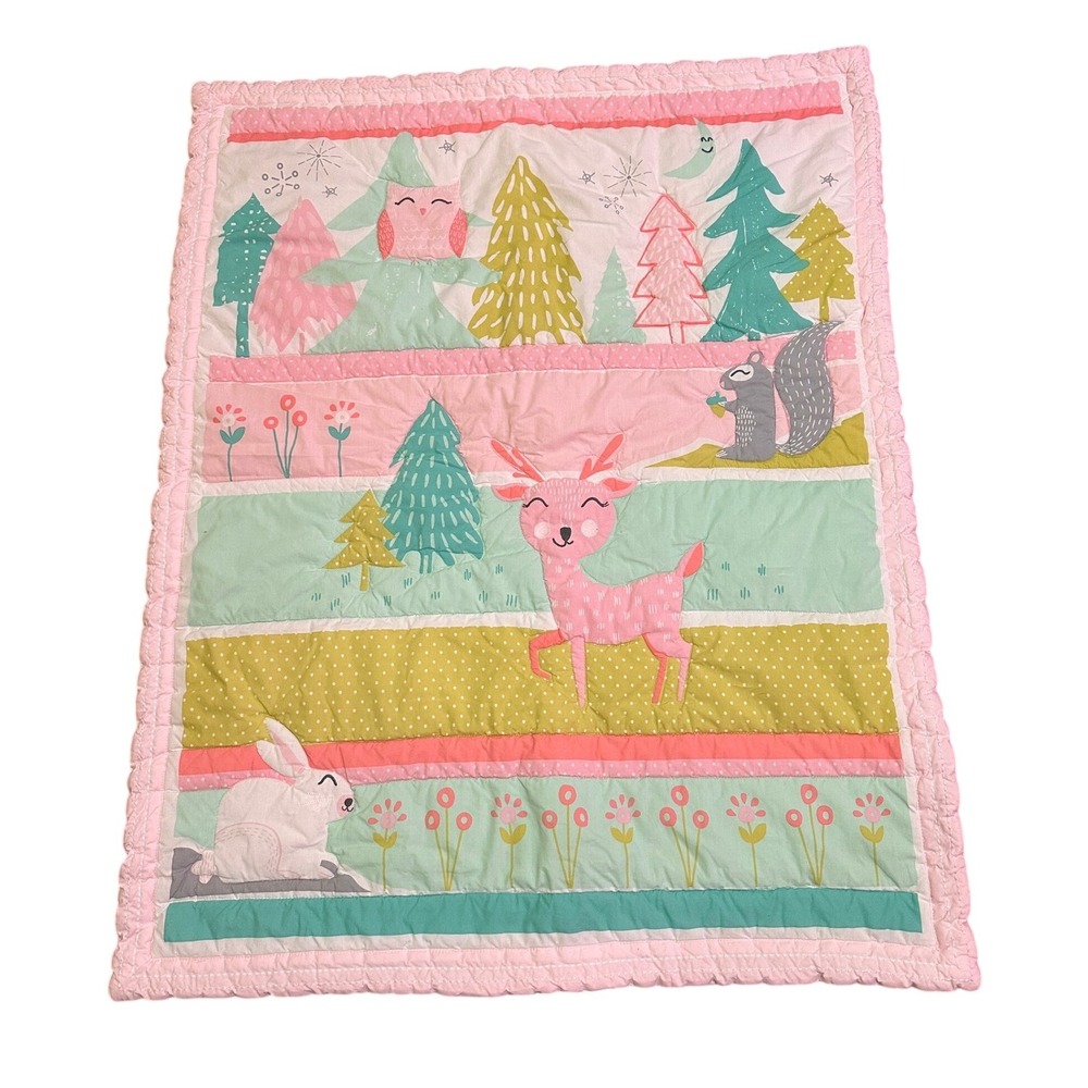 Cloud Island Baby Quilt Woodland Deer Rabbit Pink Nursery Blanket 33x42 Kids Toy